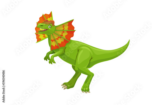 Cartoon dilophosaurus dinosaur character. Isolated vector carnivore genus of theropod dino that lived during the Early Jurassic Era. Dangerous carnivorous predator, extinct prehistoric animal