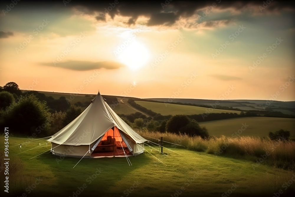 Luxury Camping in Beautiful Nature Landscape with Decoration. Travel and Outdoor Lifestyle Concept. Copy Space