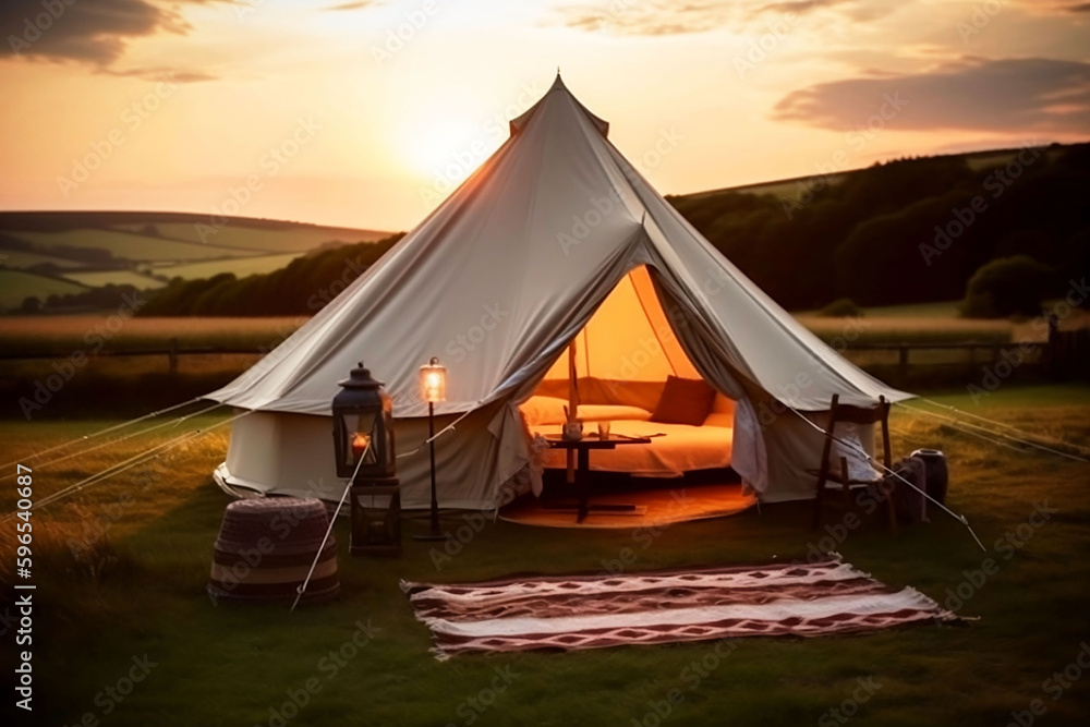 Luxury Camping in Beautiful Nature Landscape with Decoration. Travel and Outdoor Lifestyle Concept. Copy Space