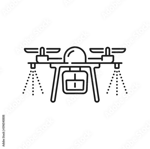 Field drone sprayer system icon. Agriculture irrigation, watering and fertilizer application smart technology, plants insect pesticide spraying automatic system vector icon, outline symbol or sign