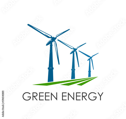Wind turbine green clean energy icon. Vector emblem for renewable eco power technology. Innovative nature friendly alternative electricity sources. Isolated windmill sustainable energy symbol