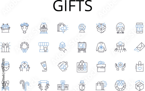 Gifts line icons collection. Presents, Souvenirs, Prizes, Rewards, Presents, Gift cards, Keepsakes vector and linear illustration. Offerings,Tokens,Treasures outline signs set Generative AI