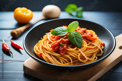 spaghetti with tomato sauce and basil