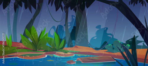 Swamp in jungle forest cartoon vector game background. Tropical scene with green water lake environment illustration. Fantasy bog with tree and liana, rainy summer day. Amazon rainforest