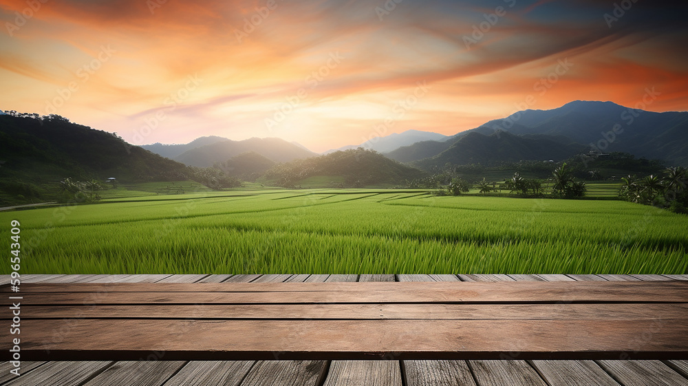 Empty wooden board with rice field , mountain and twilight sky background