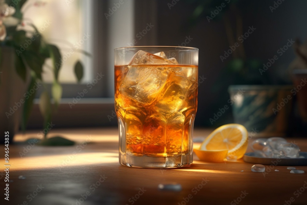 Illustration of a float glass filled with iced tea, with a realistic look. Generative AI