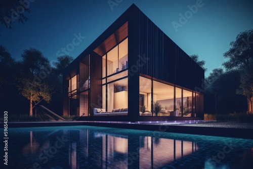 A modern house in 3D, depicted at night. Generative AI