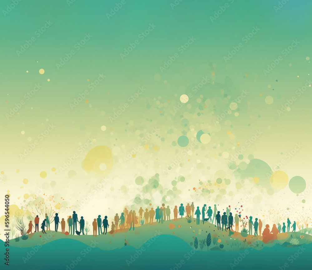 Environment day poster background, people and trees graphic on pastel blue background, earth nature and human respect concept. Generative AI illustration