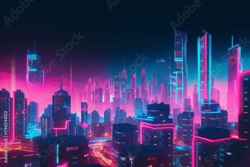 A futuristic city skyline with neon lights in blue and pink. A night scene with advanced buildings. Generative AI