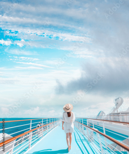 Cruise holiday, elegant woman portrait smiling on cruise ship deck, copy space on blue sky. Generative AI photo