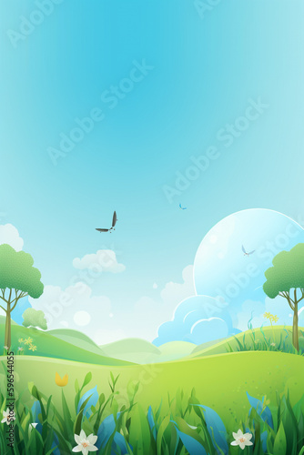 Environment day poster background, land river and plants, birds in sky, graphic pastel green and blue with copy space. Generative AI illustration
