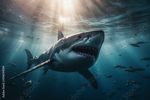 Illustration of a white shark with an open mouth swimming towards viewer with fish and natural light in the background. Generative AI