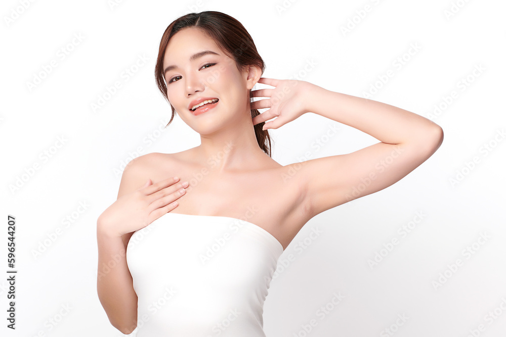 Beautiful Young Asian woman lifting hands up to show off clean and hygienic armpits or underarms on white background, Smooth armpit cleanliness and protection concept Beautiful Young Asian woman lifting hands up to show off clean and hygienic armpits or underarms on white background, Smooth armpit cleanliness and protection concept