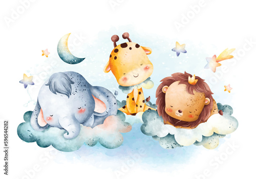Watercolor illustration Cute baby animals sleeping on the cloud with moon and stars