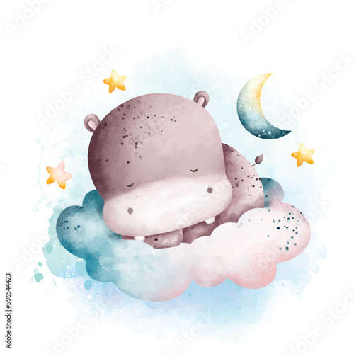 Watercolor illustration Cute baby hippo sleeping on the cloud with moon and stars