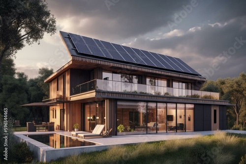 Contemporary eco-friendly residence powered by solar panels. Generative AI