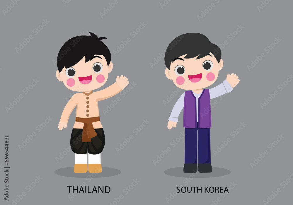 Thailand peopel in national dress. Set of South Korea man dressed in national clothes. Vector flat illustration Thailand peopel in national dress. Set of South Korea man dressed in national clothes. Vector flat illustration