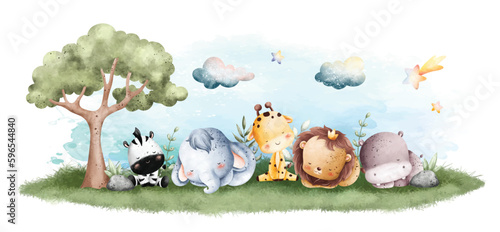 Watercolor Illustration Jungle baby Animal sleep on the grass background