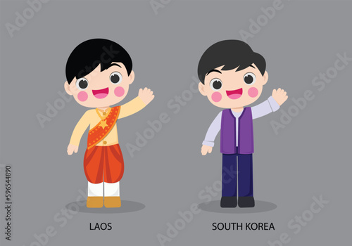 Laos peopel in national dress. Set of South Korea man dressed in national clothes. Vector flat illustration.