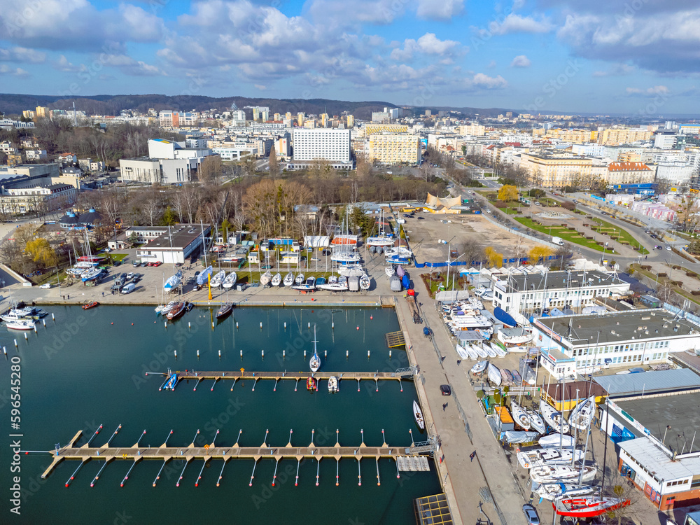 Aerial view landscape Poland Gdynia. View of city , buildings, harbor, coast. Photo from a drone.