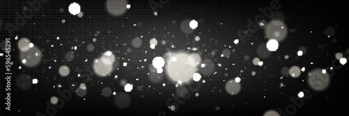 White bokeh light overlay vector effect with shimmer isolated on black transparent background. Blurry magic glitter explosion texture. Christmas round stardust festive backdrop with star glow
