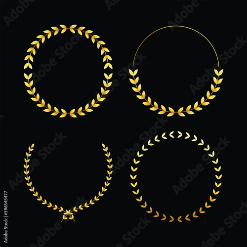 Golden laurel wreath, winner award set vector illustration. Gold victory symbol, insignia emblem decoration design, triumph honor champion prize isolated