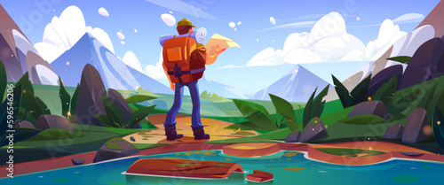 Man travel near lake and mountain vector illustration. Log in river water cartoon landscape. Tourist character with backpack and map discovery nature in alps backdrop. Trekking path tourism scene