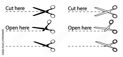 Scissor icon with cut here. Dotted line to cut the coupon, paper. Scissors cutting out on the stir. Vector .