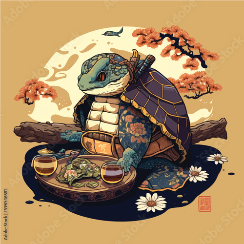 serenity-Turtle-eating-Chirashizushi,-Turtle character, artistic, print design, for t-shirt and case
