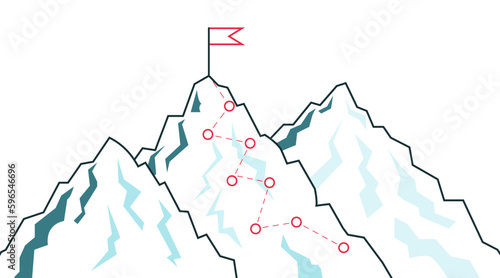 Mountain climbing route. Journey path to success in achieving the goal. Reach to peak of rock. Business vector concept