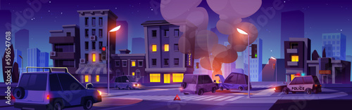 Car accident on night city road cartoon illustration. Drive crash with hood damage. Intersection with two vehicle danger collision. Highway with broken transport scene. Police automobile in town