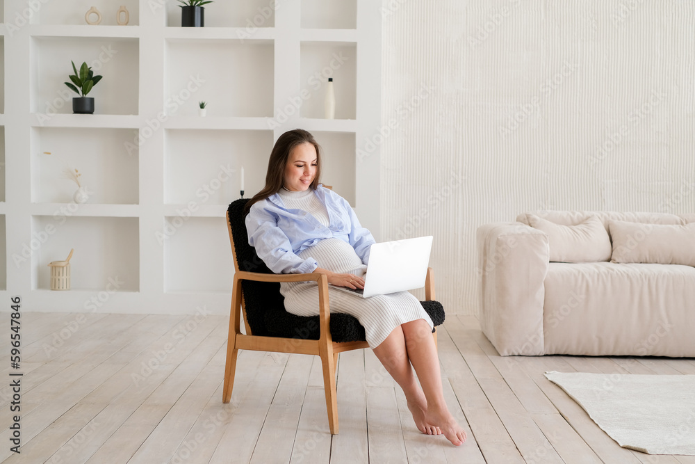 young pregnant woman freelancer work from home at laptop. Work or study online with pet at home office on kitchen. young pregnant woman freelancer work from home at laptop. Work or study online with pet at home office on kitchen.