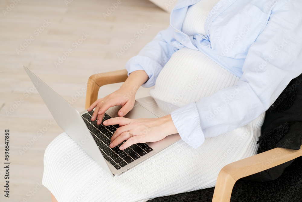 young pregnant woman freelancer work from home at laptop. Work or study online with pet at home office on kitchen. young pregnant woman freelancer work from home at laptop. Work or study online with pet at home office on kitchen.