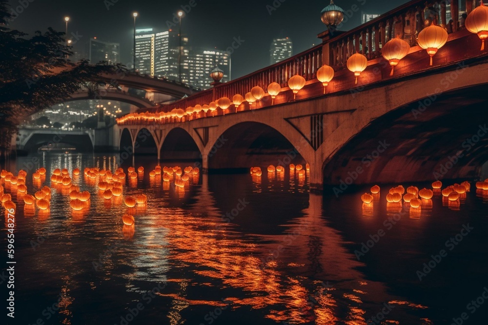 Night view of Chengdu's Anshun Bridge and Jinjiang River illuminated by Chinese lanterns in Sichuan, China. Generative AI
