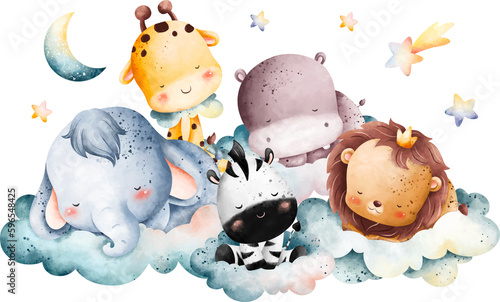 Watercolor illustration Cute baby animals sleeping on the cloud with moon and stars