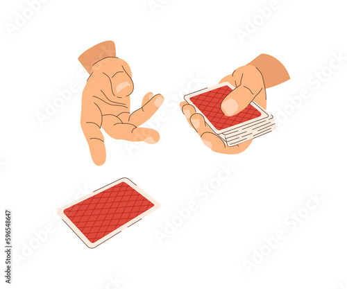 Playing cards in hands flat illustration. The croupier deals cards to the players in casino. Vector illustration for gambling industry