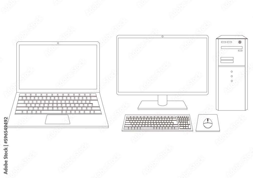 ノートパソコンとデスクトップパソコンの線画イラスト ノートパソコンとデスクトップパソコンの線画イラスト
