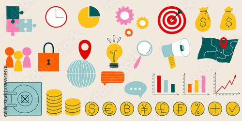 Financial and business icons. Singl hand drawn illustration on the topic of money and savings, interaction with the client. Plans and development in a modern style. World currencies, safe, schedule