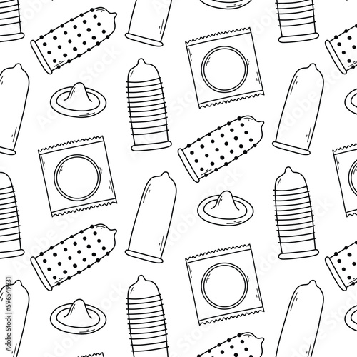 Seamless pattern with condoms. Doodle print of different types of condoms. Vector illustration. Linear style. The method of contraception is condoms.