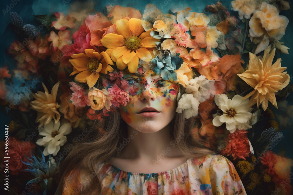 Abstract contemporary art collage portrait of young woman with flowers, retro colors. Generative ai.