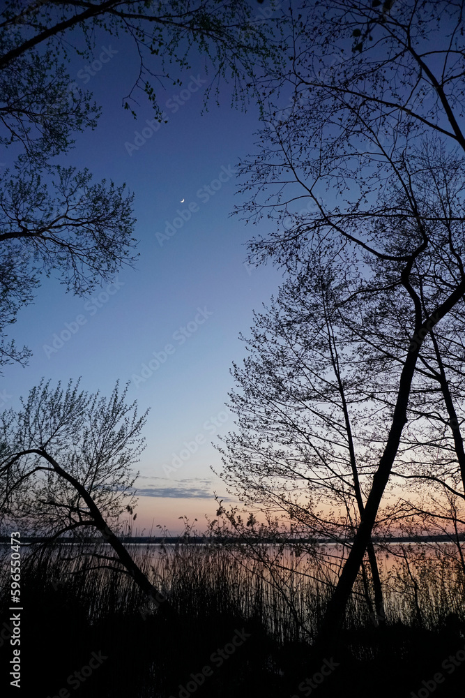 The evening sky after sunset over the water in the Berezinsky Reserve on the shore of Lake Plavno. Quiet and windless. Spring. April.