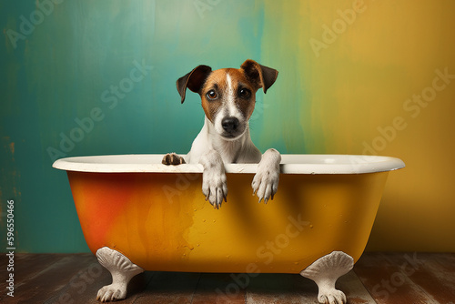 Dog taking a bubble bath in grooming salon. Generative ai. © erika8213