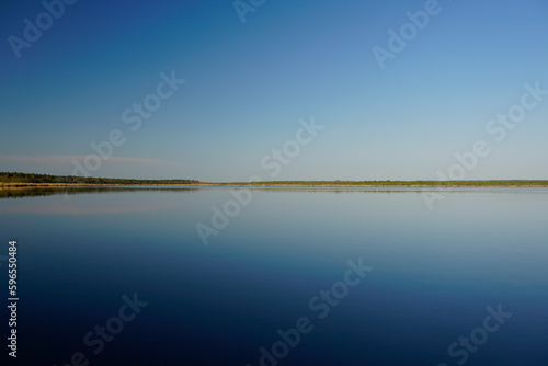 Beautiful morning and blue sky over the water in the Berezinsky Reserve on the shore of Lake Plavno. Quiet and windless. Spring. April.