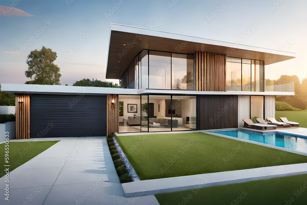 modern villa with pool and garden