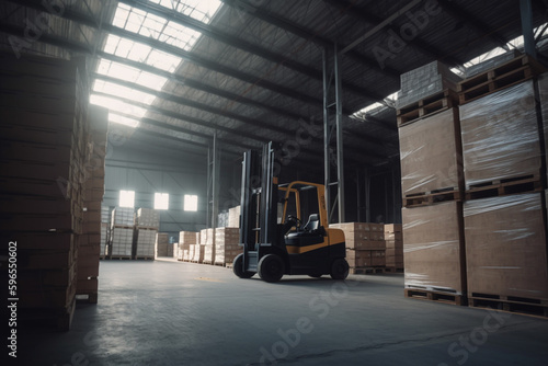 A forklift loads pallets in a huge warehouse. AI generative.
