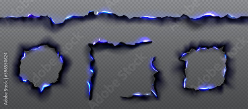 Black burnt paper edges with blue fire texture. Borders and frames of scorched edges of pages or parchment with flame and ash isolated on transparent background, vector realistic set