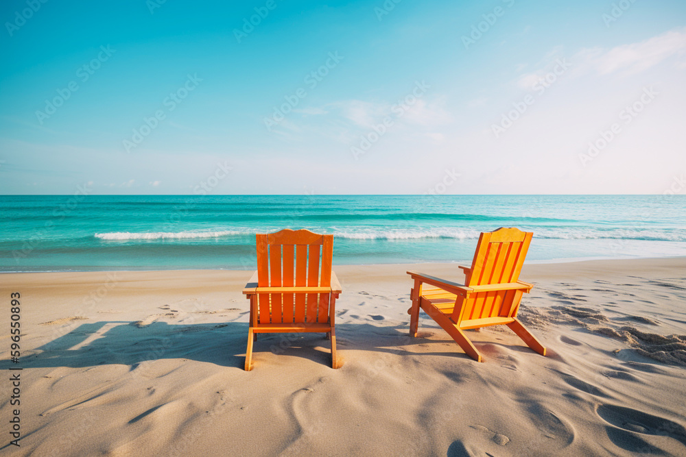 Two wooden chairs on the tropical beach with blue sky background, vintage tone