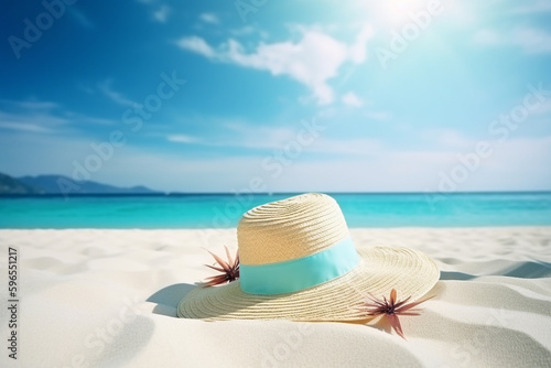 Summer holiday background with tropical beach and sunbathing accessories. Generative ai