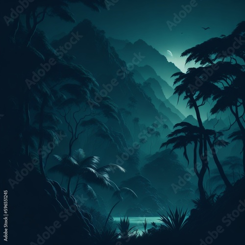 illustration of Jungle landscape silhouette in the background generative ai 