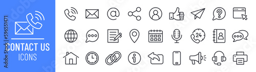 Contact us icon set. Containing phone, website, calendar, email, address, link, call-us, customer support and comment message symbol. Outline icon collection. Vector illustration.